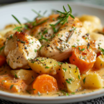 A beautifully plated creamy roasted garlic chicken garnished with fresh herbs and served with roasted vegetables