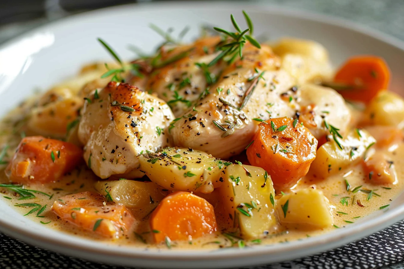 Creamy Roasted Garlic Chicken: 3 Delicious Secrets Revealed 1 A beautifully plated creamy roasted garlic chicken garnished with fresh herbs and served with roasted vegetables