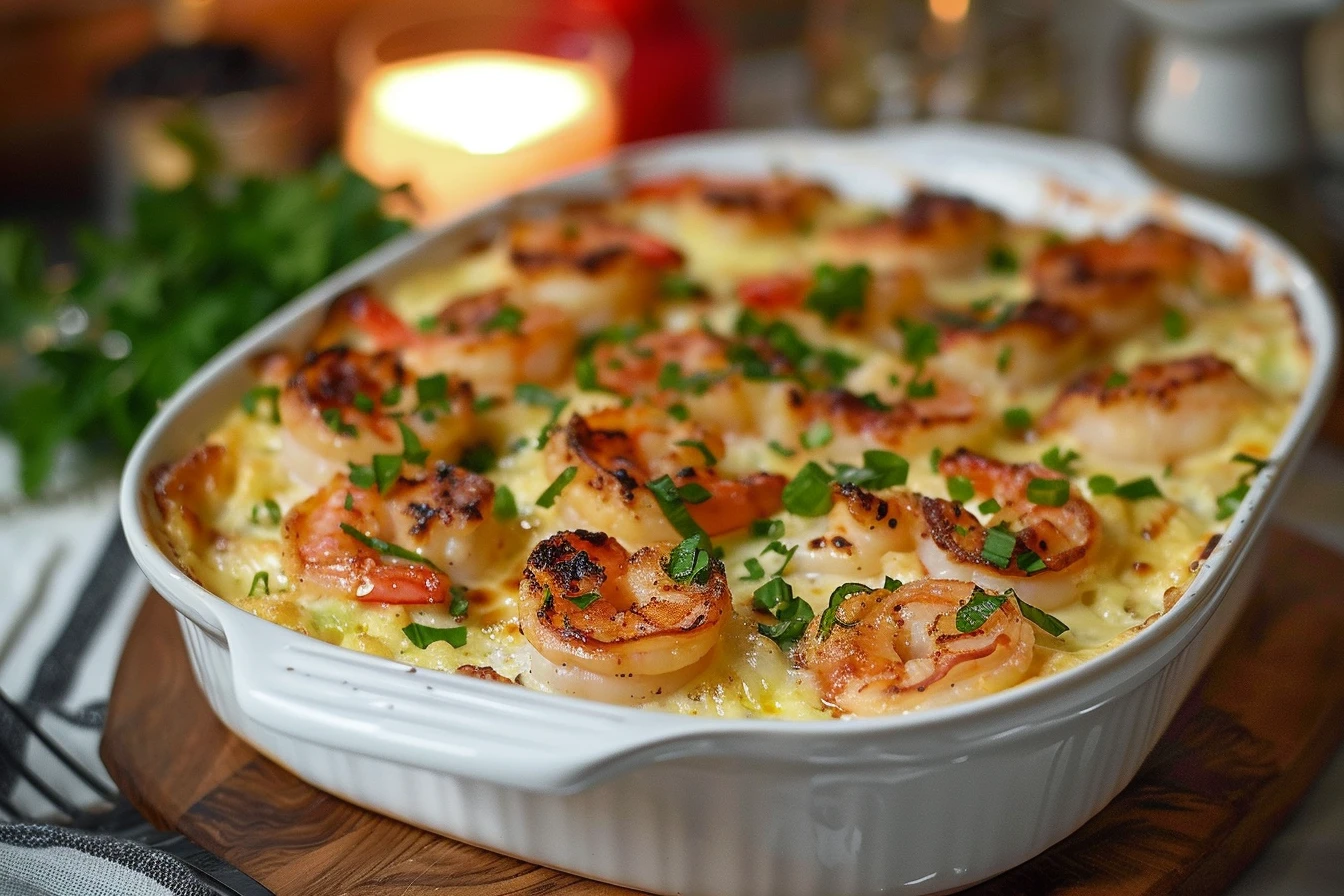 A creamy shrimp grits casserole topped with fresh parsley and served in a white baking dish