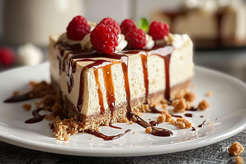 A creamy velvety no-bake cheesecake topped with fresh berries and mint leaves on a white plate