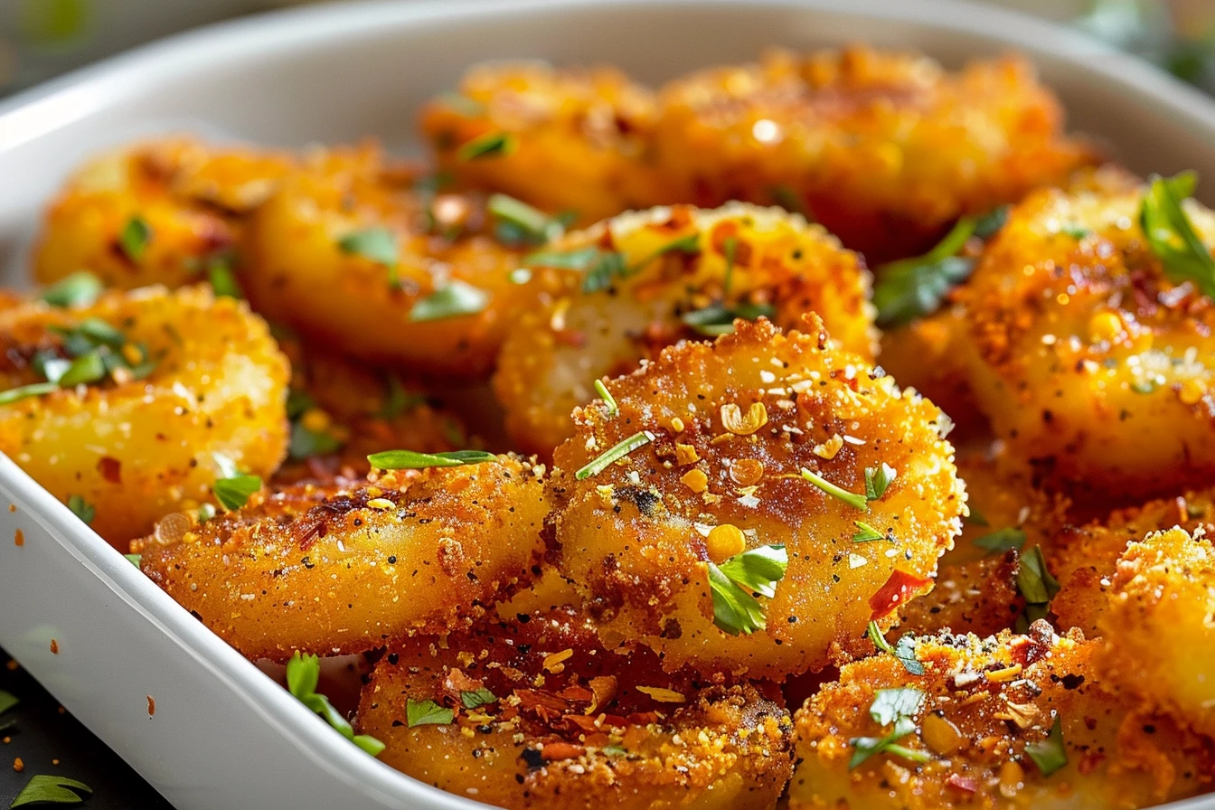 crispy golden parmesan potato : 10 Easy Steps to Make at Home 1 A plate of crispy golden parmesan potatoes garnished with fresh herbs