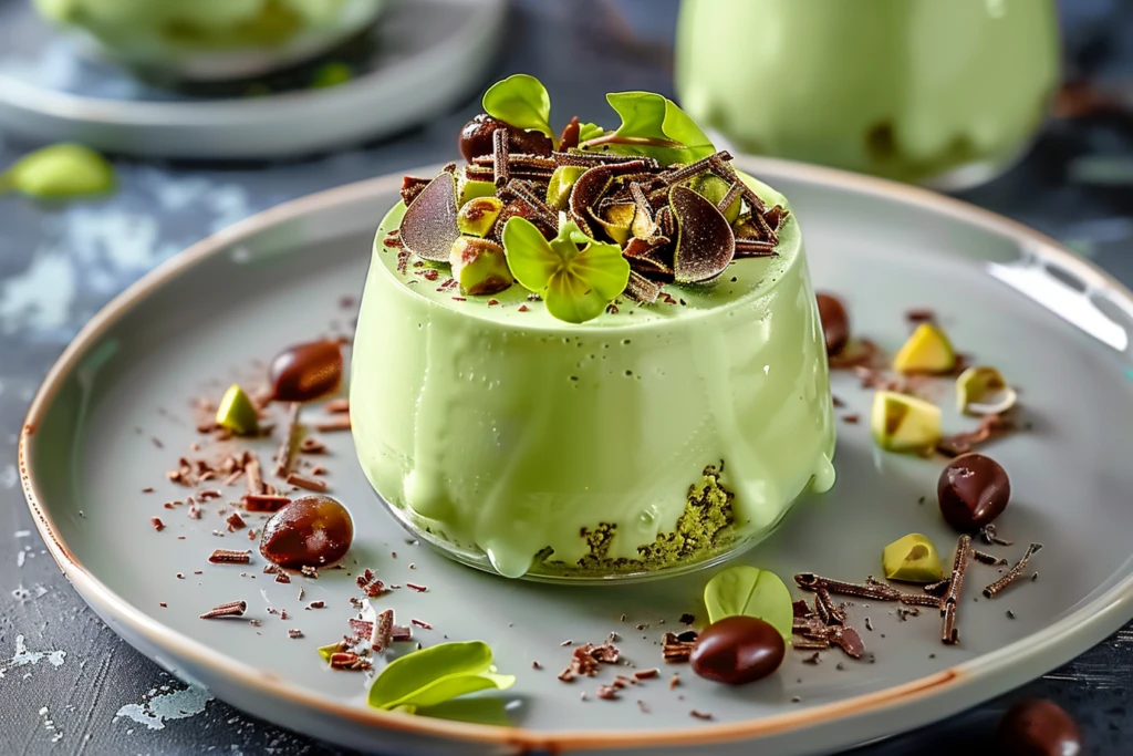 A decadent bowl of divine pistachio mousse chocolate topped with crushed pistachios and chocolate shavings