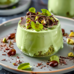 A decadent bowl of divine pistachio mousse chocolate topped with crushed pistachios and chocolate shavings