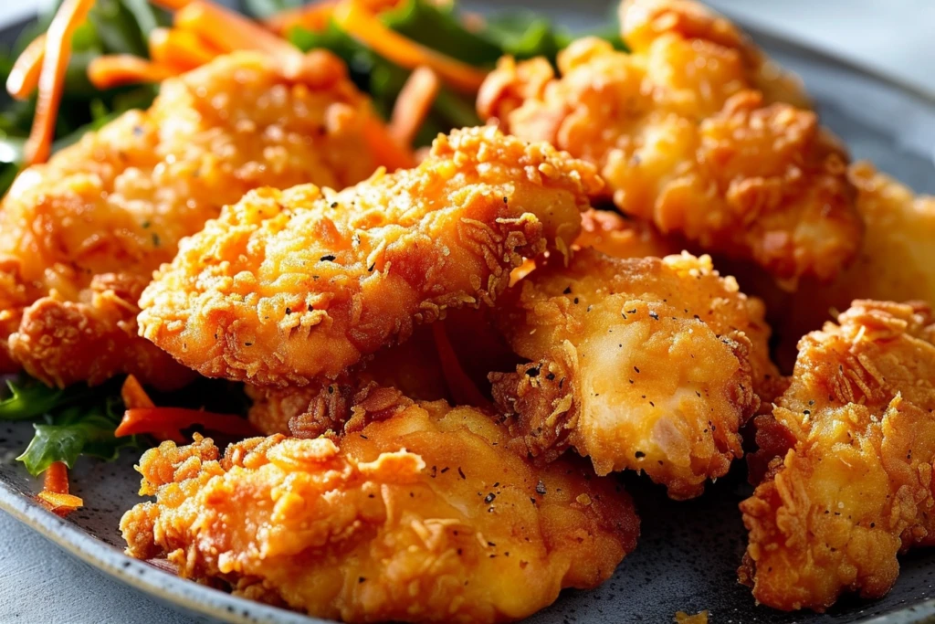 Golden-brown almost Chick Fil-A chicken tenders on a white plate with dipping sauce