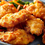 Golden-brown almost Chick Fil-A chicken tenders on a white plate with dipping sauce