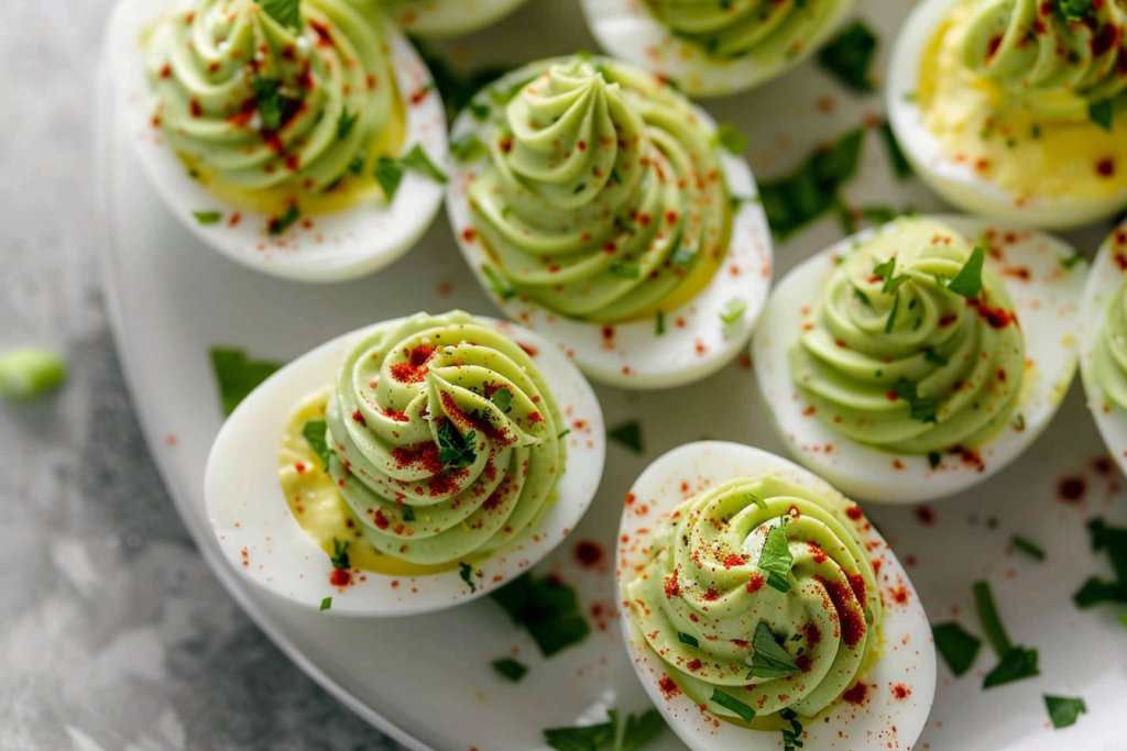 A plate of bright green avocado deviled eggs garnished with paprika and cilantro