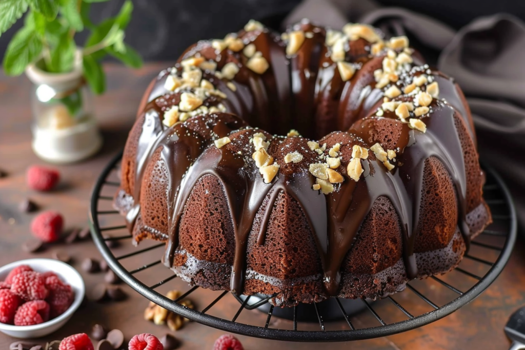 A beautifully baked chocolate bundt cake topped with a glossy chocolate glaze and sprinkled with powdered sugar.