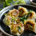 Golden-brown cabbage dumplings served on a white plate with a dipping sauce