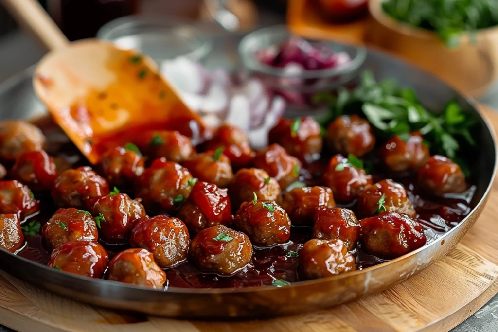 A bowl of easy grape jelly meatballs garnished with parsley, surrounded by ingredients like grape jelly and meatballs