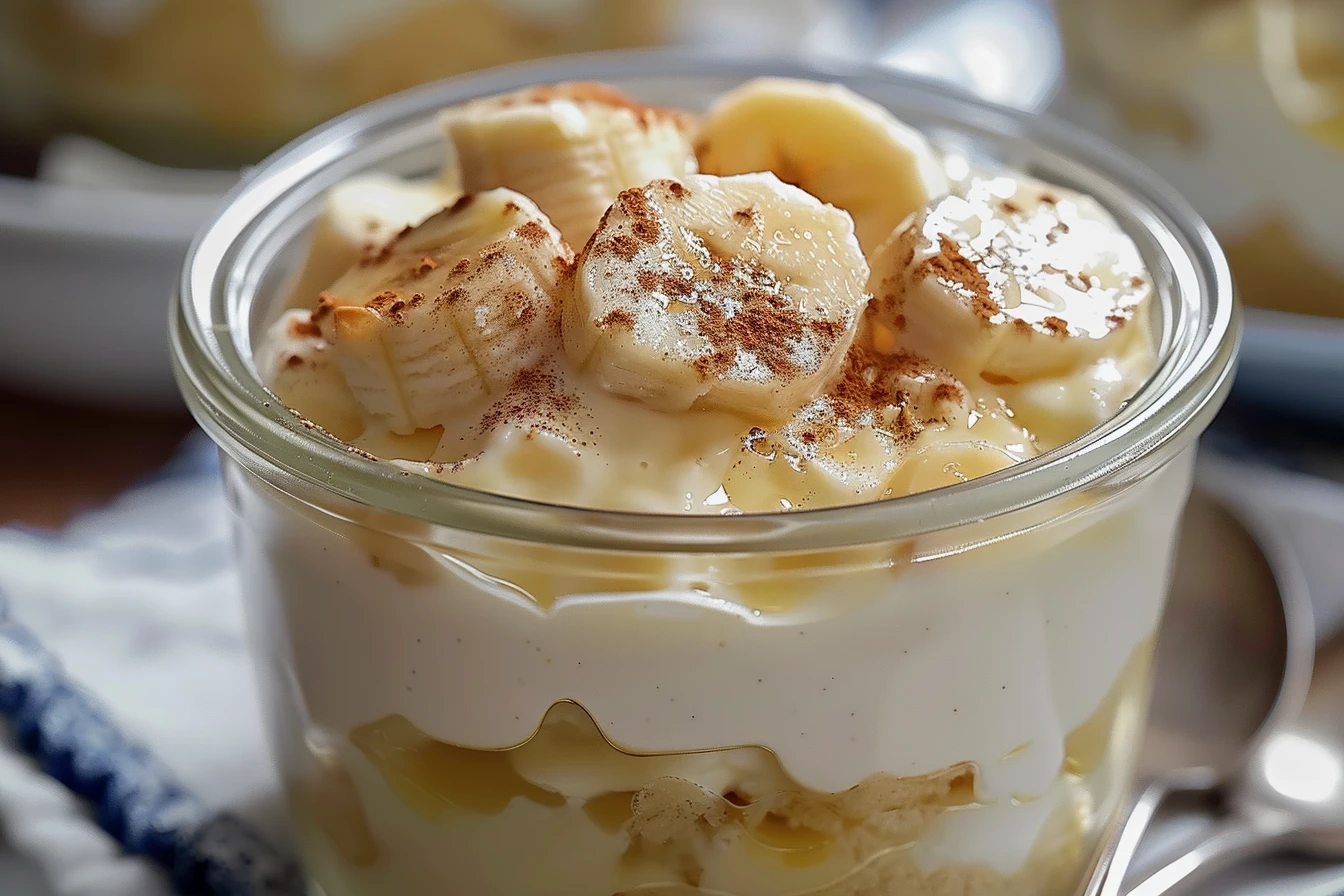 A bowl of creamy homemade banana pudding topped with sliced bananas and whipped cream
