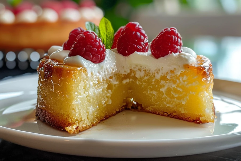 A slice of juicy pineapple heaven cake topped with fresh pineapple slices and whipped cream on a white plate.