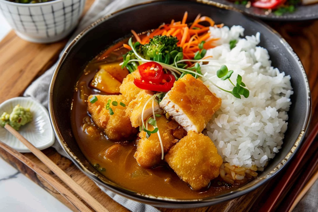 A bowl of katsu curry topped with crispy panko breaded chicken and vibrant vegetables