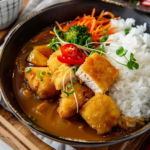 A bowl of katsu curry topped with crispy panko breaded chicken and vibrant vegetables