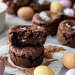 A plate of mini egg brownie bites topped with colorful mini chocolate eggs