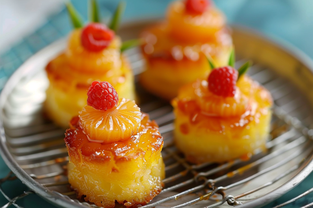 A beautifully plated mini pineapple upside down cake topped with cherries and caramel glaze