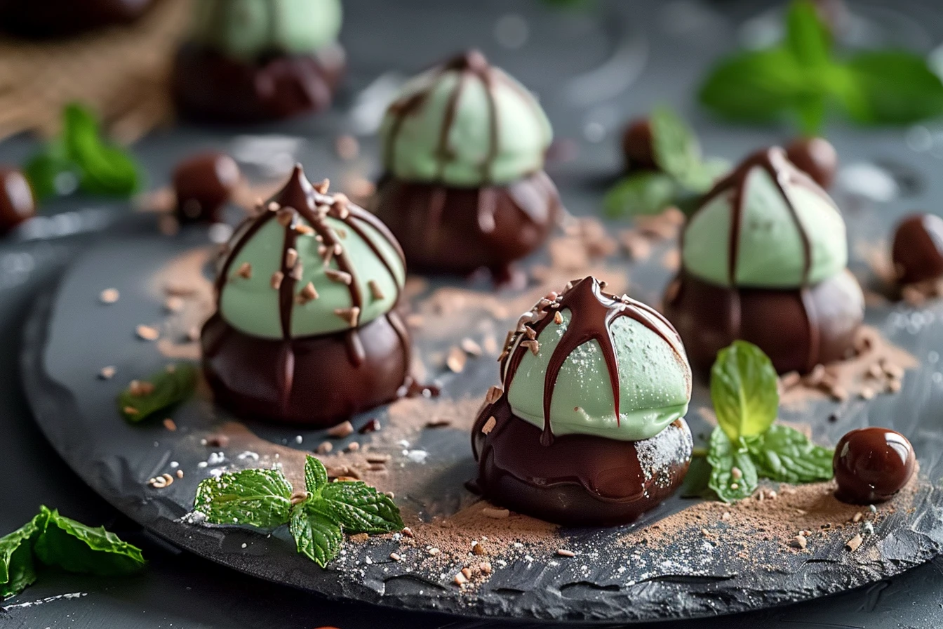 A plate of mint chocolate kiss blossom cookies topped with chocolate kisses and mint leaves