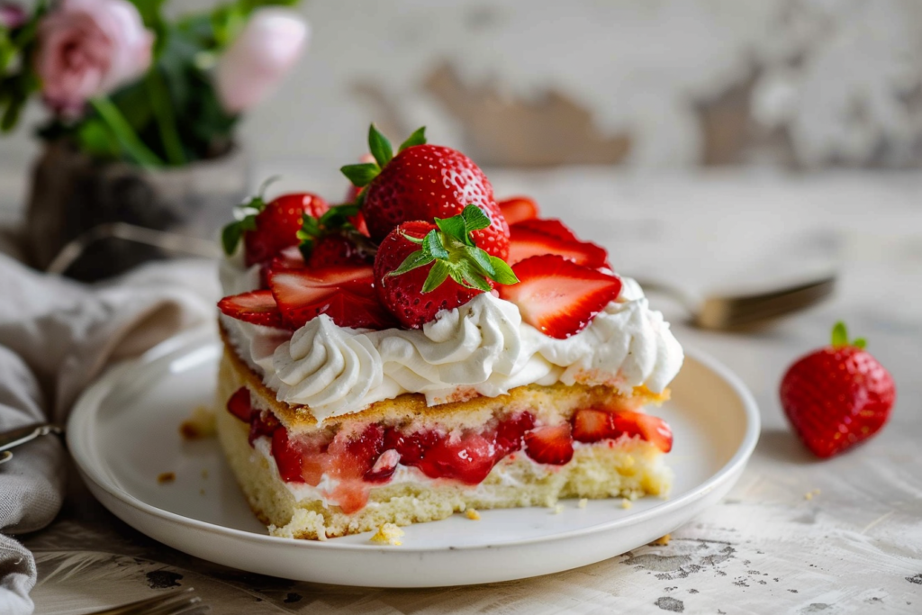 A delicious one layer strawberry shortcake topped with fresh strawberries and whipped cream on a white plate