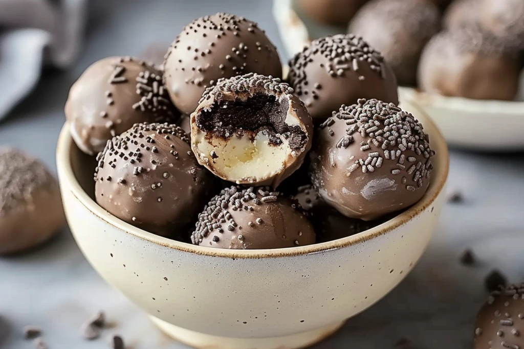 A plate of delicious homemade Oreo balls coated in chocolate and sprinkled with crushed Oreos