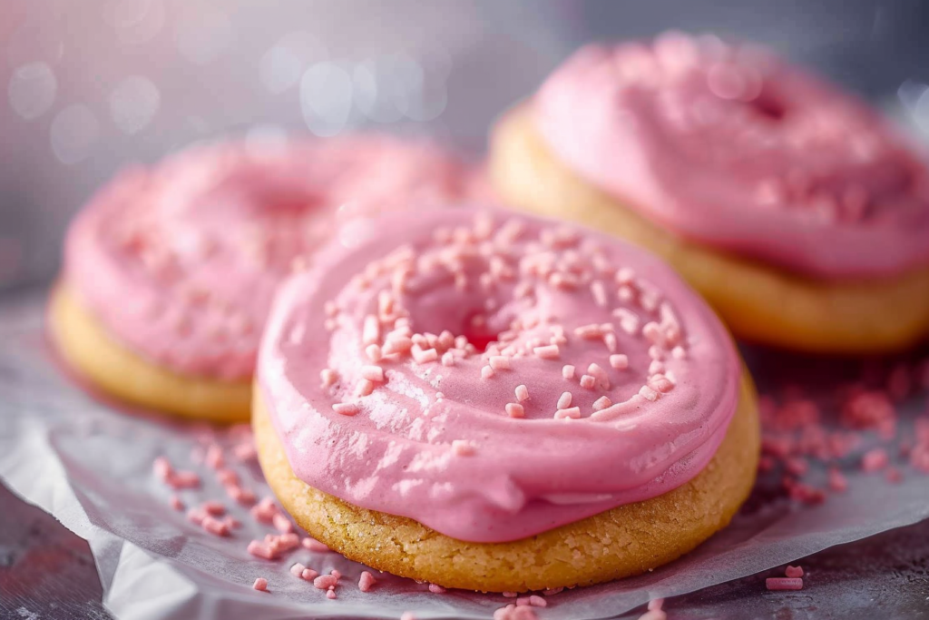 A plate of soft, pink sugar cookies with almond sprinkles, garnished with a few almonds.