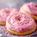 A plate of soft, pink sugar cookies with almond sprinkles, garnished with a few almonds.