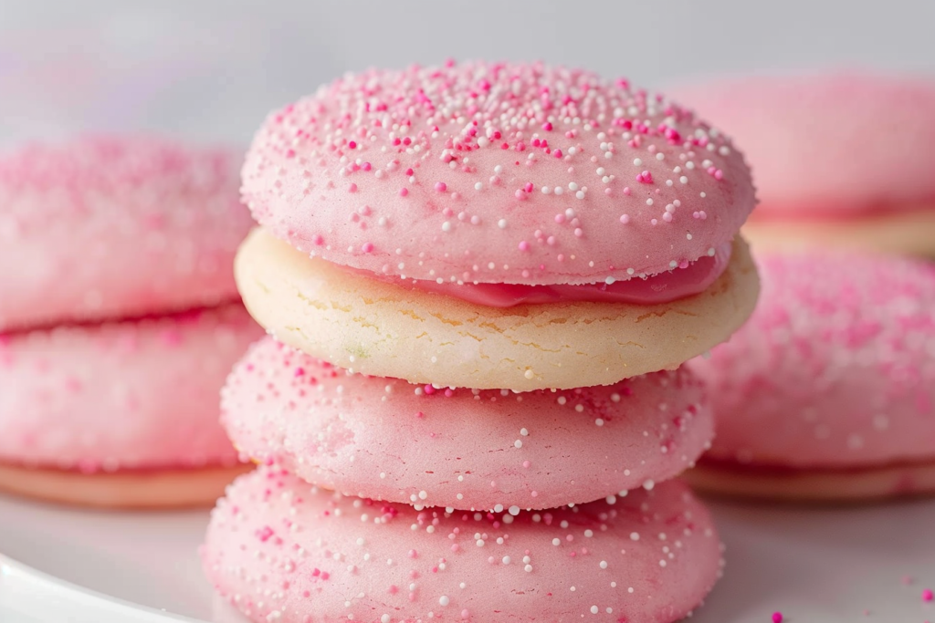 A plate of beautifully decorated pink sugar cookies with sprinkles and a glass of milk