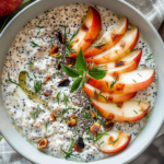 A bowl of protein chia seed apple pudding topped with sliced apples and nuts