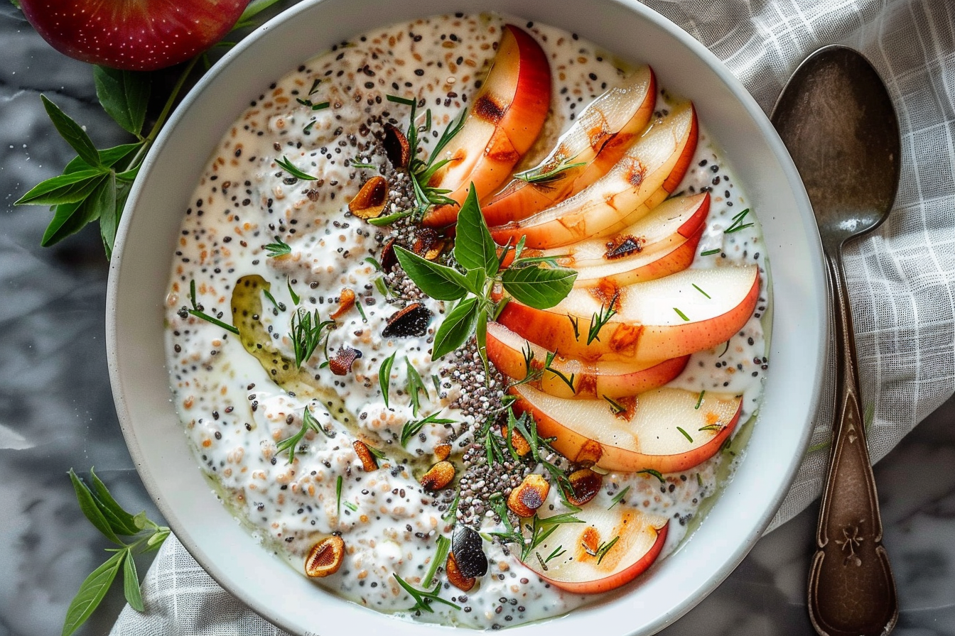 A bowl of protein chia seed apple pudding topped with sliced apples and nuts