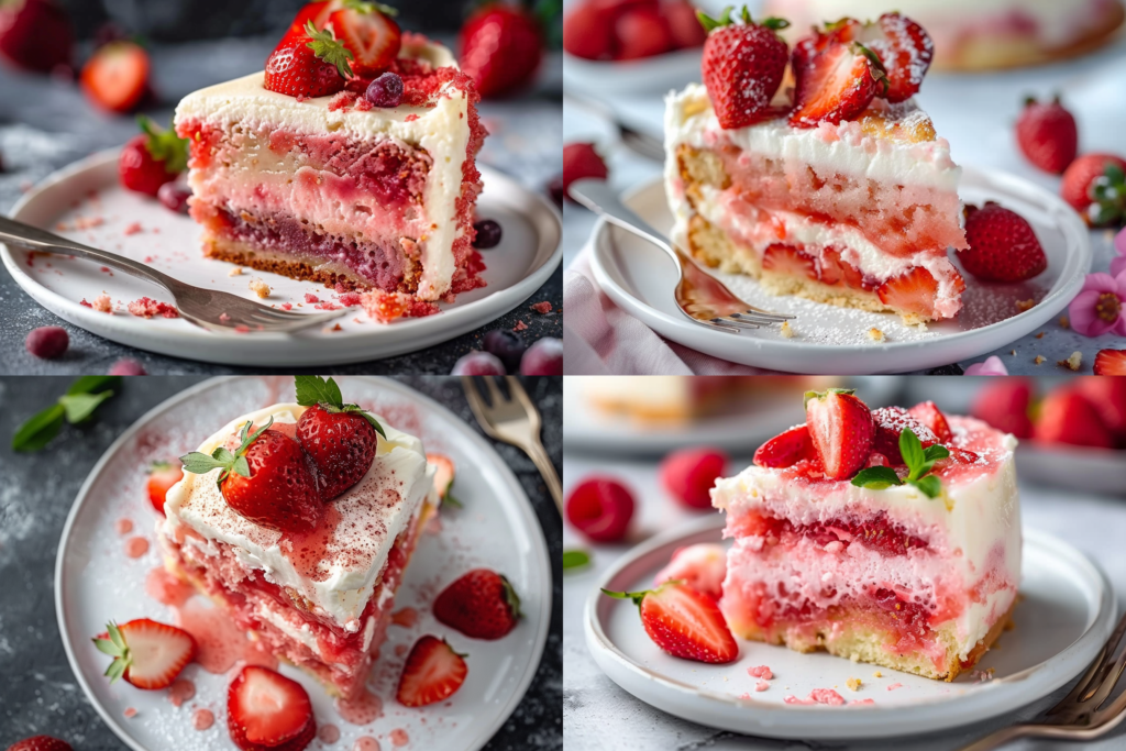 A delicious slice of strawberry earthquake cake topped with fresh strawberries and whipped cream on a white plate
