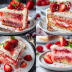 A delicious slice of strawberry earthquake cake topped with fresh strawberries and whipped cream on a white plate