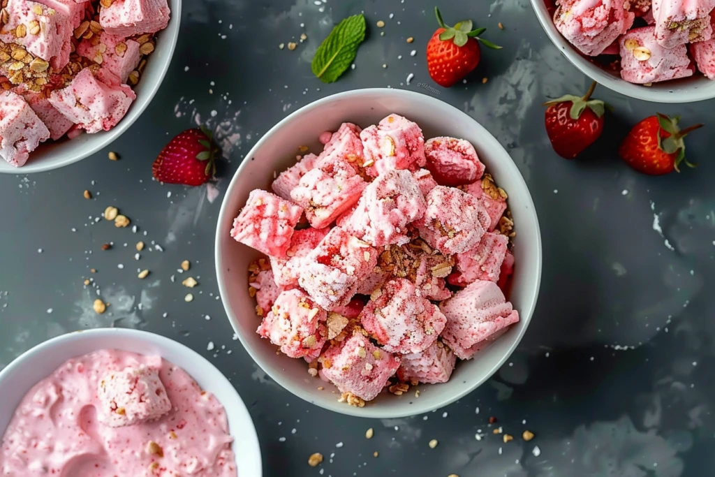 A vibrant bowl of easy strawberry shortcake puppy chow topped with fresh strawberries and whipped cream
