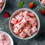 A vibrant bowl of easy strawberry shortcake puppy chow topped with fresh strawberries and whipped cream