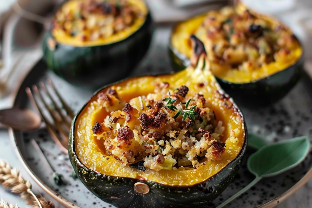 A beautifully roasted acorn squash stuffed with ground meat and topped with herbs, served on a rustic wooden table.