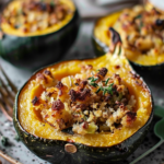 A beautifully roasted acorn squash stuffed with ground meat and topped with herbs, served on a rustic wooden table.