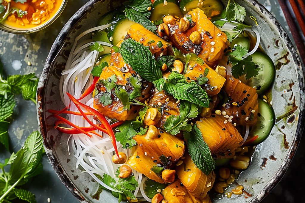 A vibrant bowl of Vietnamese turmeric sole, garnished with fresh herbs and lime slices, served on a wooden table.