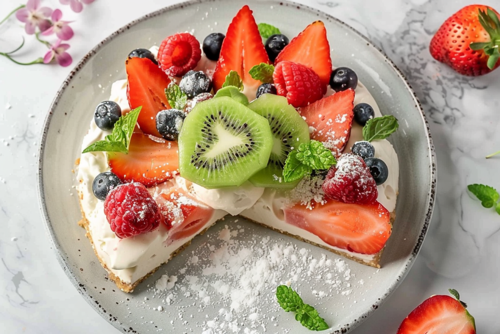 Easy Watermelon Fruit Pizza Ricotta: 5 Refreshing Recipes 1 A vibrant watermelon fruit pizza topped with ricotta cheese, mint leaves, and colorful fruits on a wooden platter