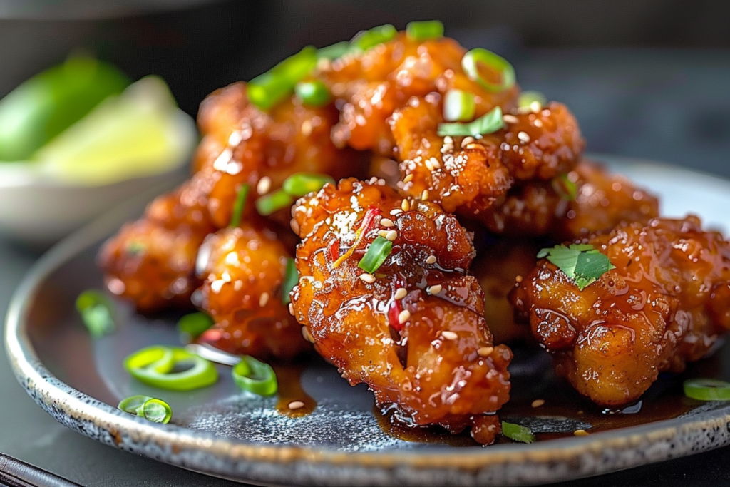 Golden brown chicken karaage pieces garnished with green onions and served with dipping sauce on a white plate