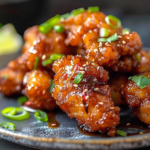 Golden brown chicken karaage pieces garnished with green onions and served with dipping sauce on a white plate