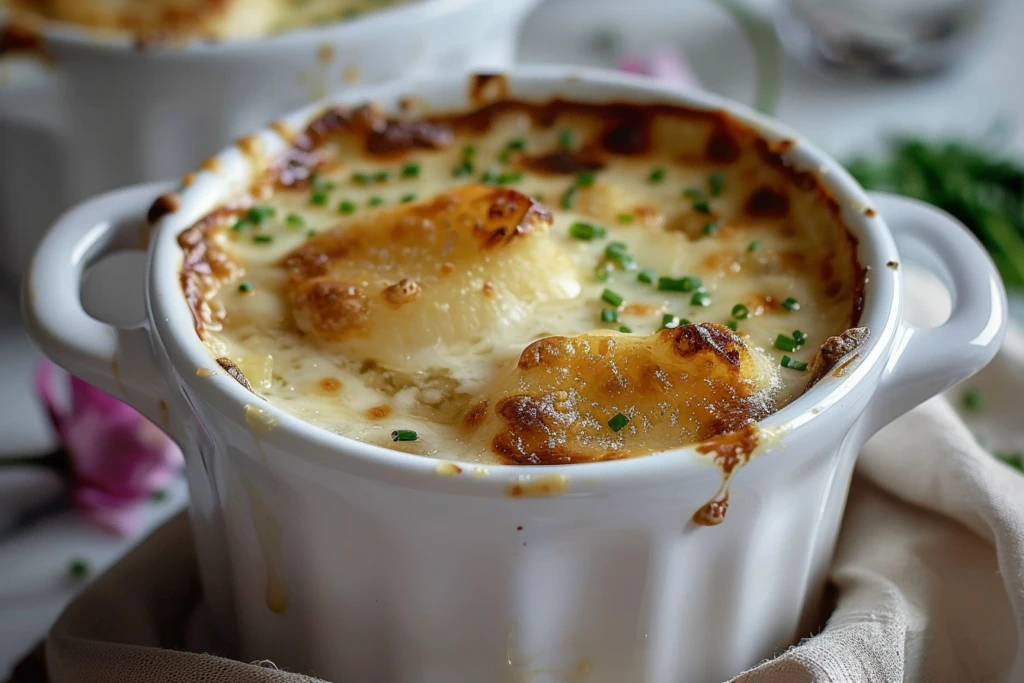 A bowl of creamy French onion soup rice topped with melted cheese and fresh herbs