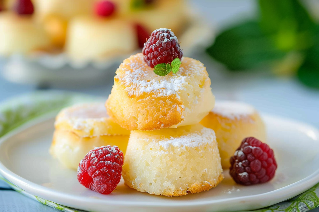 Three freshly baked mini lemon drop cakes topped with lemon zest and icing on a white plate.