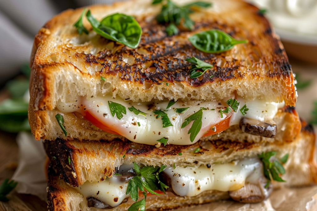A delicious garlic mushroom grilled cheese sandwich with melted cheese and sautéed mushrooms, served on a rustic wooden board.