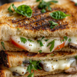 A delicious garlic mushroom grilled cheese sandwich with melted cheese and sautéed mushrooms, served on a rustic wooden board.