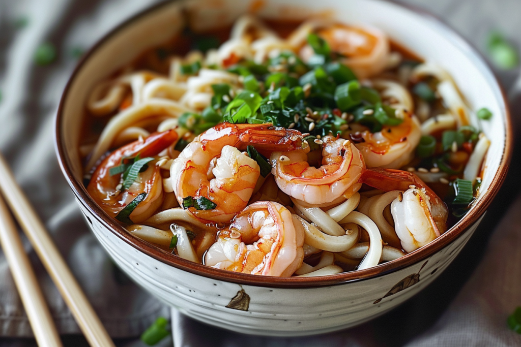 A vibrant bowl of garlic prawn udon savory topped with fresh herbs and chili flakes