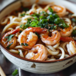 A vibrant bowl of garlic prawn udon savory topped with fresh herbs and chili flakes