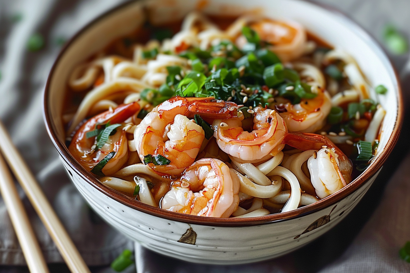 garlic prawn udon savory: 7 Incredible Ideas to Make 1 A vibrant bowl of garlic prawn udon savory topped with fresh herbs and chili flakes