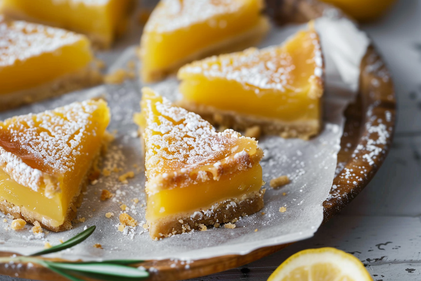 A plate of gluten free lemon bars dusted with powdered sugar, garnished with lemon slices and mint leaves