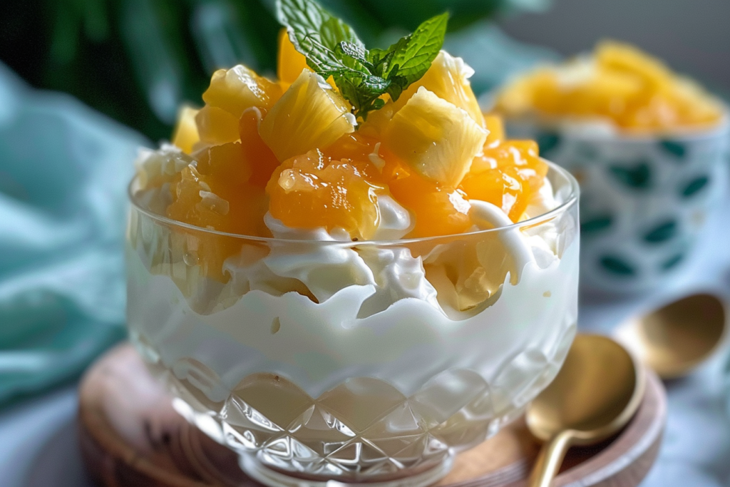 A vibrant bowl of Hawaiian pineapple coconut fluff topped with shredded coconut and pineapple chunks.