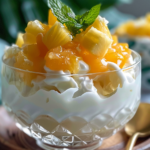 A vibrant bowl of Hawaiian pineapple coconut fluff topped with shredded coconut and pineapple chunks