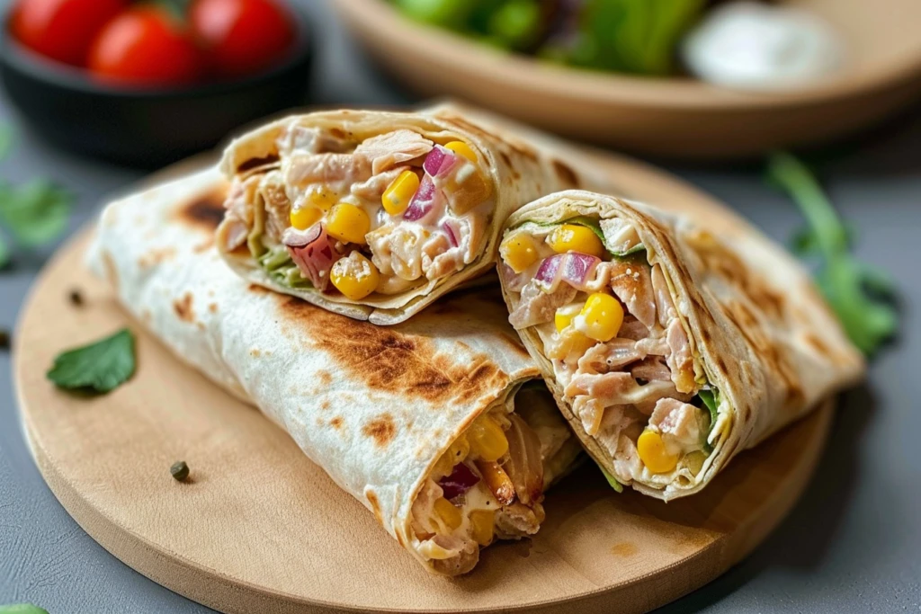A healthy tuna melt wrap with melted cheese, fresh vegetables, and a whole wheat tortilla on a wooden cutting board.