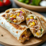 A healthy tuna melt wrap with melted cheese, fresh vegetables, and a whole wheat tortilla on a wooden cutting board.