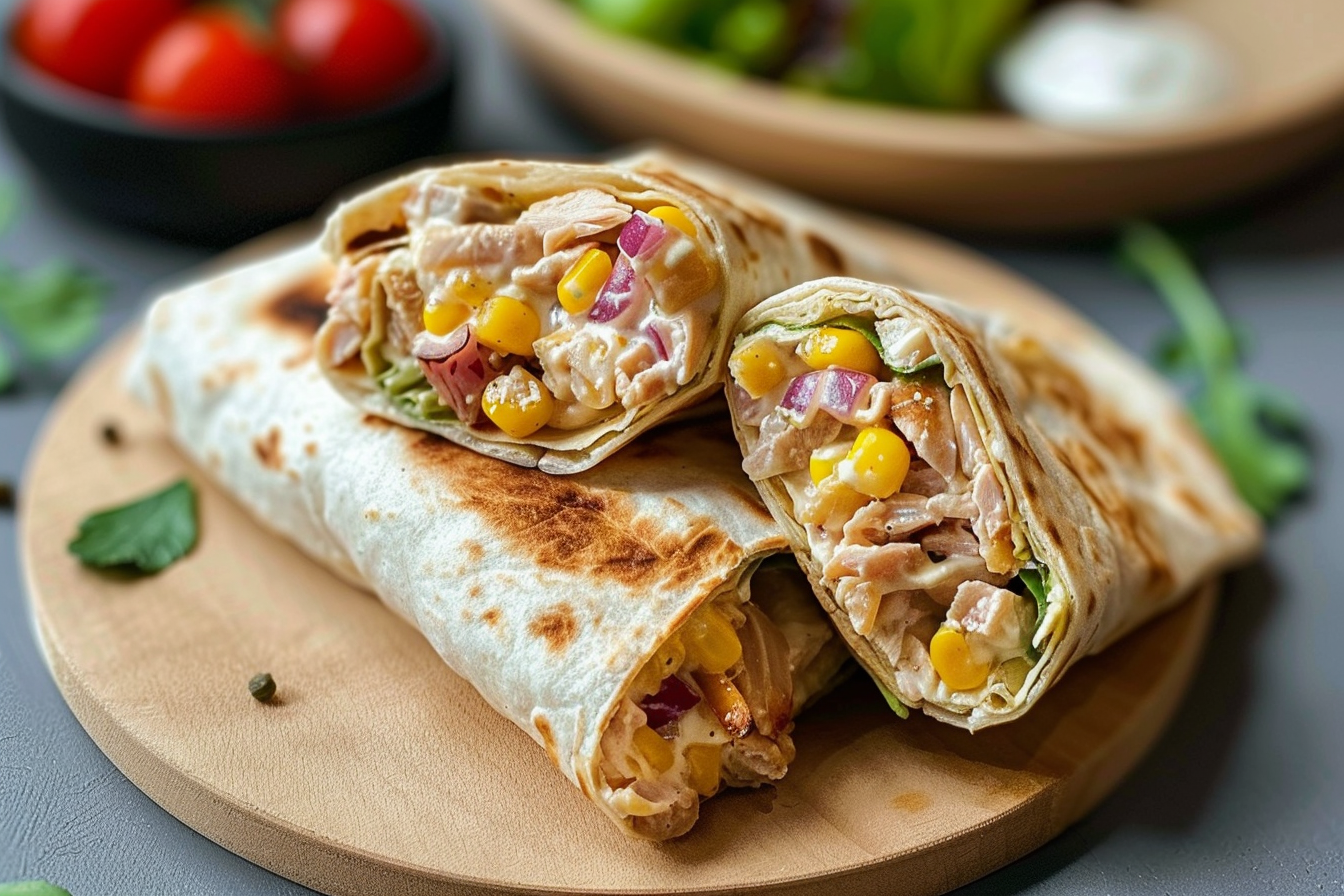 A healthy tuna melt wrap with melted cheese, fresh vegetables, and a whole wheat tortilla on a wooden cutting board.